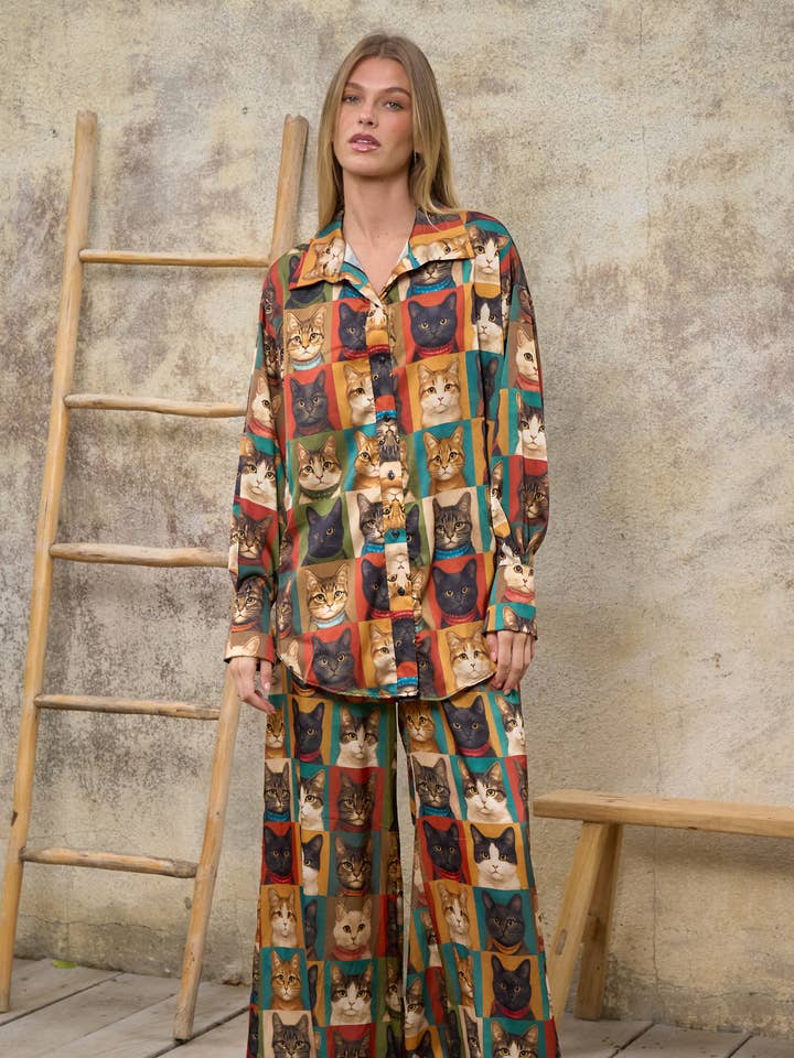 CAT PORTRAIT BUTTON DOWN BLOUSE for wholesale by JADE BY JANE