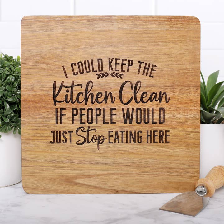9x9 Acacia Wood Kitchen Quote Cutting Board for wholesale by Polly and Paisley