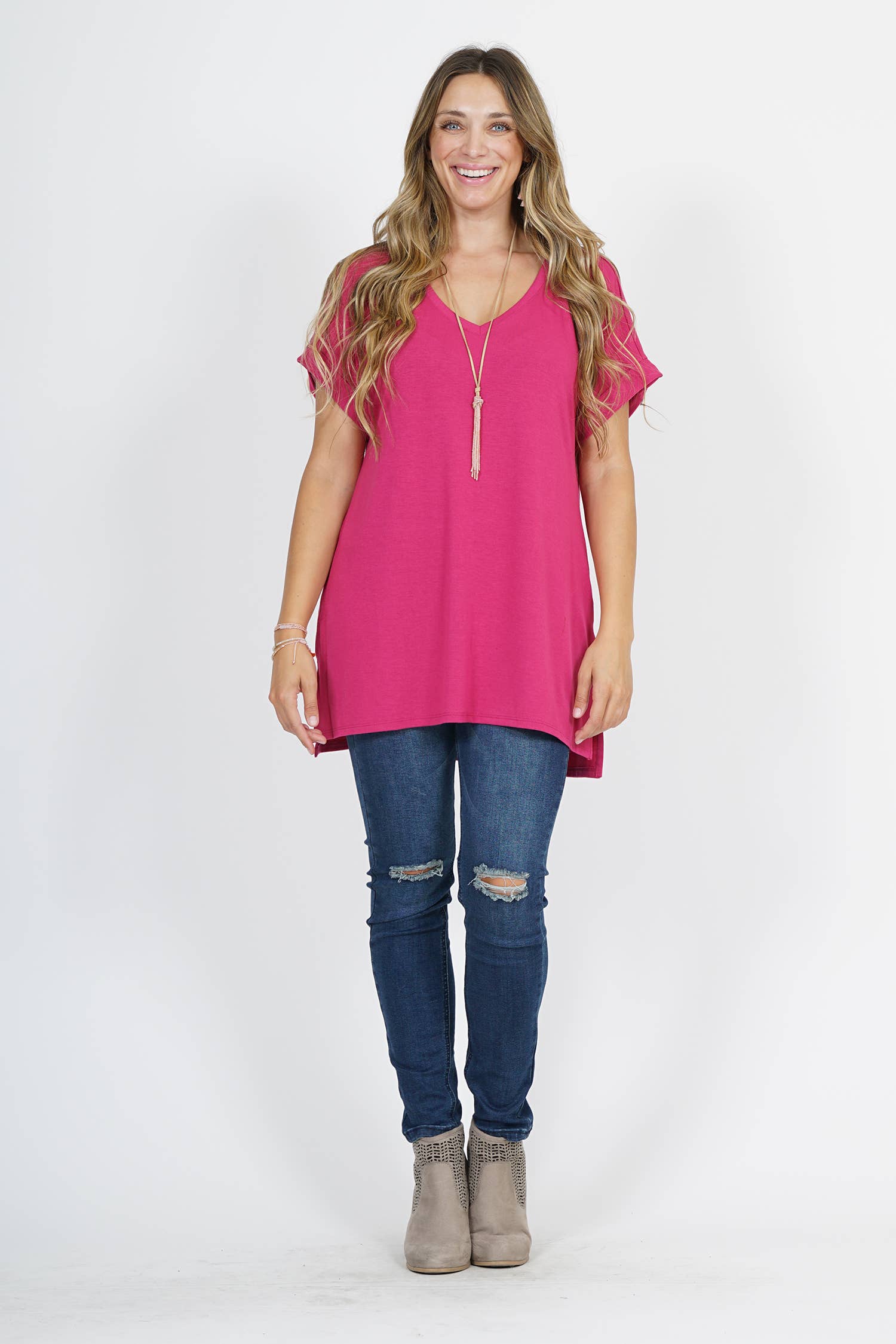 OLIVEMUSTARD  `.Plus size V Neck Top w/ side-slit for wholesale on Faire6