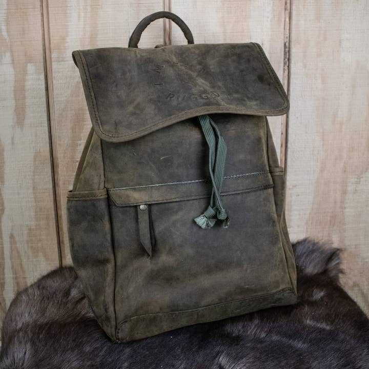 Leather Hide Backpack - Olive (Weathered) for wholesale by Modern Rugged