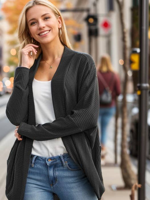 SJ1107-11 CARDIGÃ DE WAFFLE SÓLIDO ALTO BAIXO ABERTO por atacado de HEIMISH