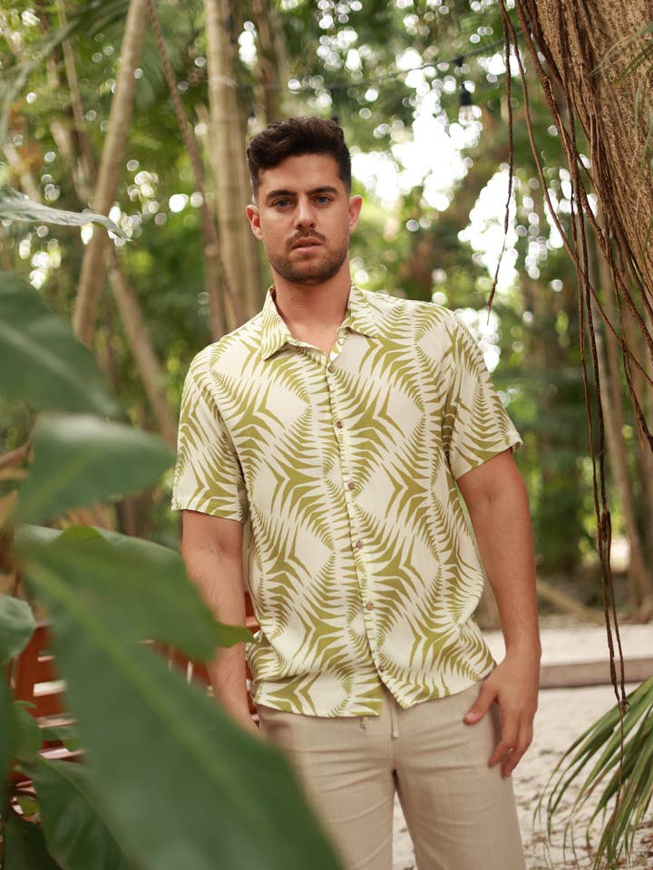 OLIVE MENS BUTTON DOWN PRINTED VISCOSE SHORT SLEEVE SHIRTS for wholesale by Salty Weekend