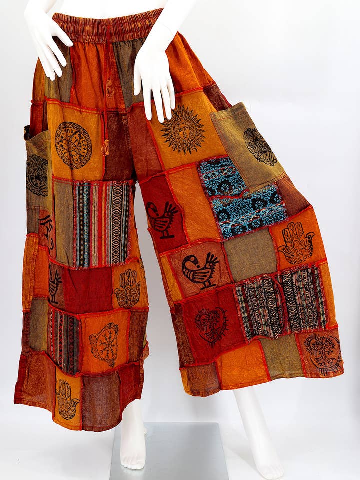 Himalaya Handmade - Wholesale Pants – Women's - Cotton Hippie Handmade Harem Overlock Old Gods Symbols Patchwork Wide Leg Bohemian Trousers2