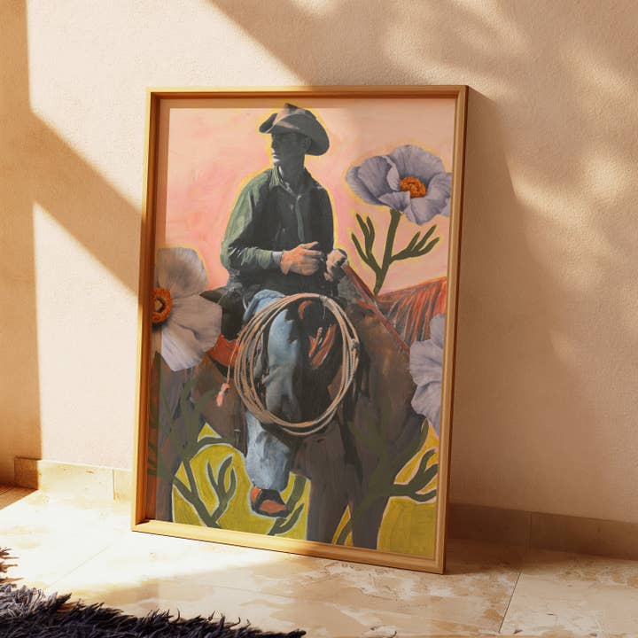 El Baker Art - Wholesale Art Print - Retro Rodeo Cowboy Poppy Collage Print1