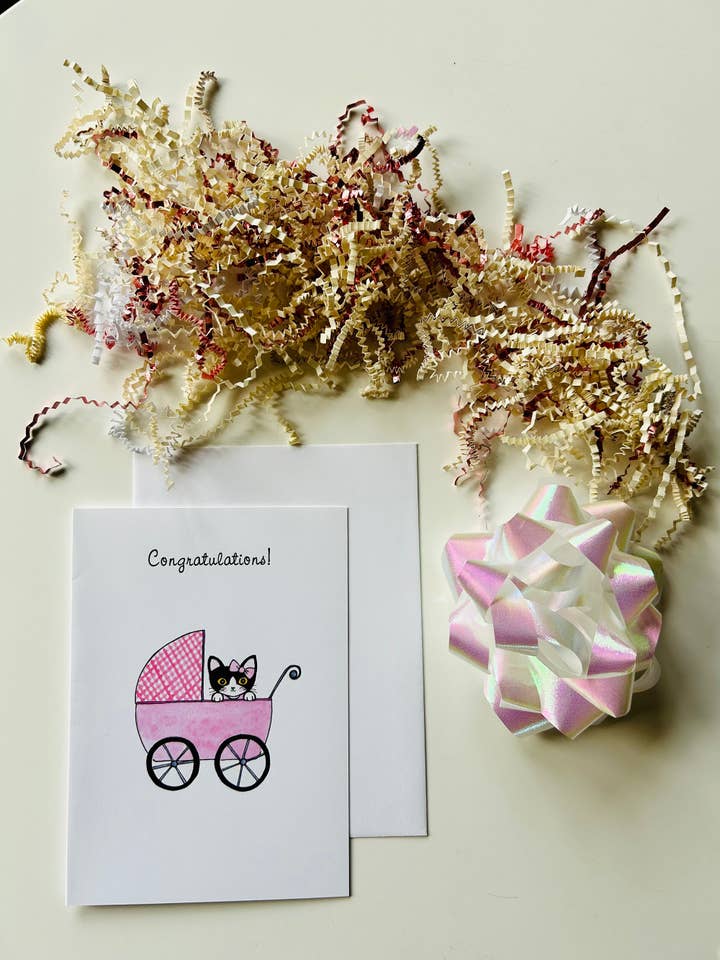 Stroller Kitty New Baby Girl Congratulations Greeting Card for wholesale by Cathy Peng Art & Design