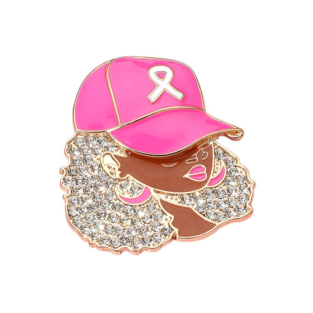 Sensibling Corp. – alfinete de lapela por atacado – Broche de Mulher Afro Fresca com Pedrarias em Forma de Capuz com Fita Rosa de Conscientização6