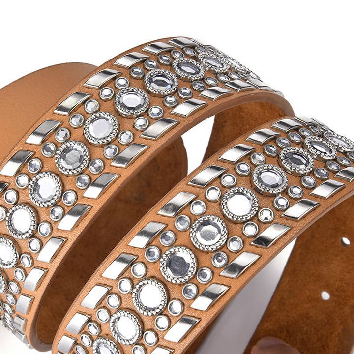 Brown Rivet Rhinestone Pu Leather Belt WA0178 for wholesale on Faire2