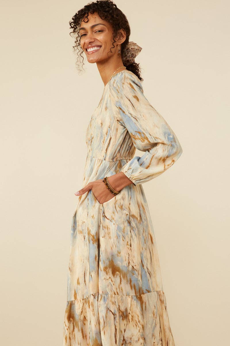 Taupe Womens Oil Print Long Sleeve Gathered Bust Dress for wholesale on Faire4