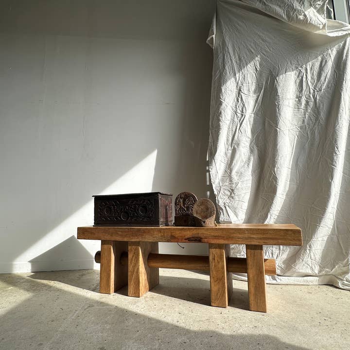 Office Objets - Wholesale Bench - Solid wood bench with openwork base crossed by a cylinder - Mango wood60