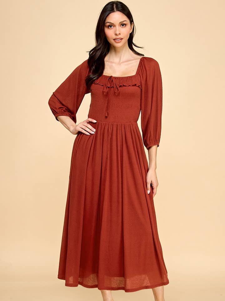 Soft-touched Autumn Burnt Red Juliet Midi Dress for wholesale by Million Colors