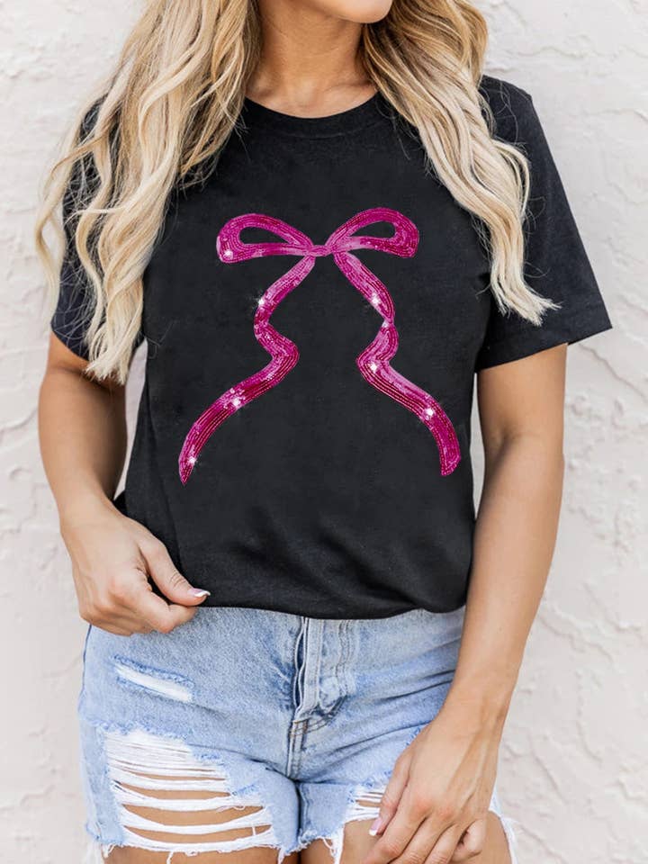 Black Sequin Bow Ribbon Graphic T Shirt for wholesale on Faire1