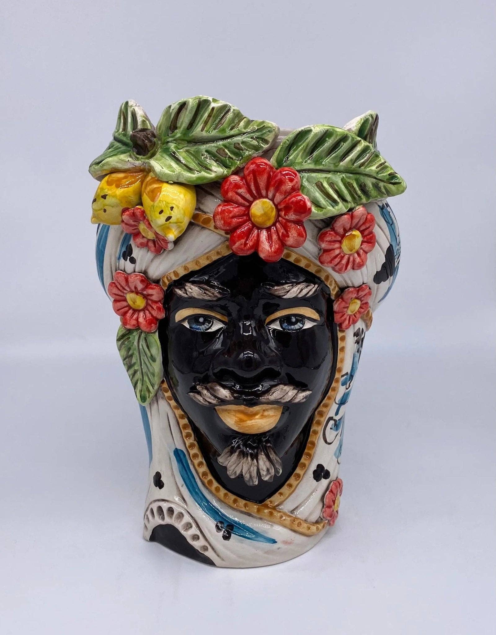DD Ceramiche Siciliane - Wholesale Vase - Moorish Moor's Heads Caltagirone Ceramic cm H.28 L.19 Handmade Baroque Turban Flowers Lemons0