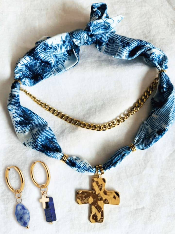 Scarf Chain Hammered Cross Necklace & Earring Set Blue-W for wholesale by Swaary