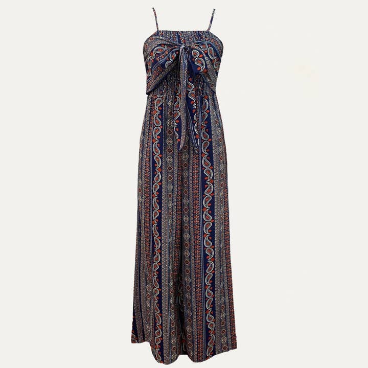 MULTI Bohemian Style Tie-Front Sleeveless Wide-Leg Jumpsuit for wholesale on Faire
