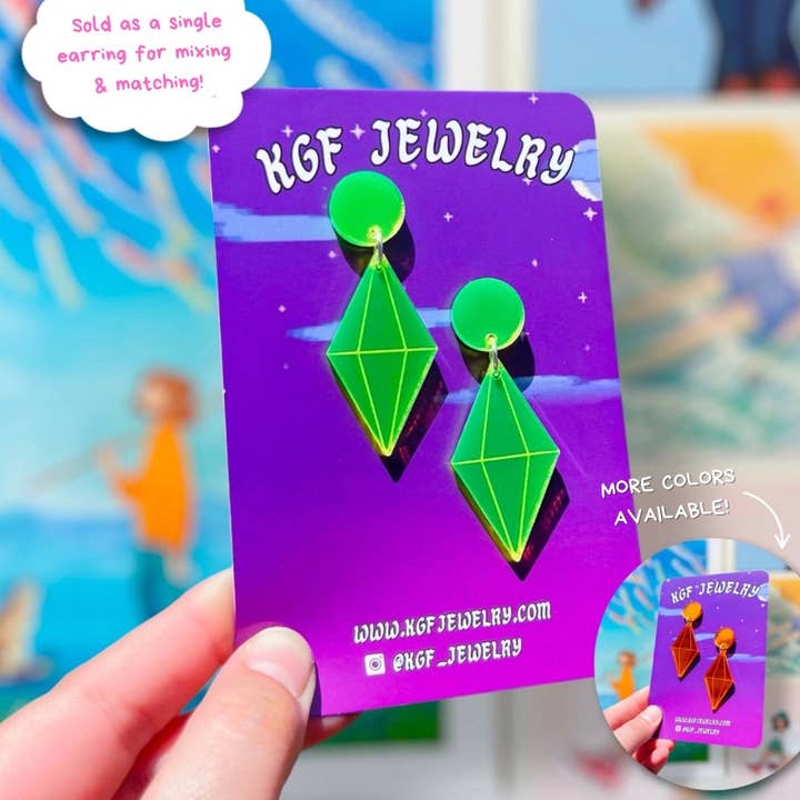 Boucles d'oreilles et porte-clés en acrylique Plumbob SINGLE Mix & Match pour la vente par KGF Studios