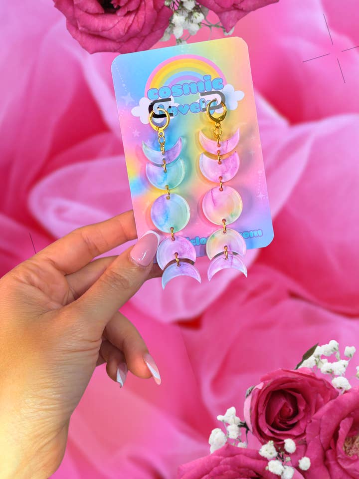 Cosmic Rainbow Moon Phase Earrings for wholesale by Cosmic lovely