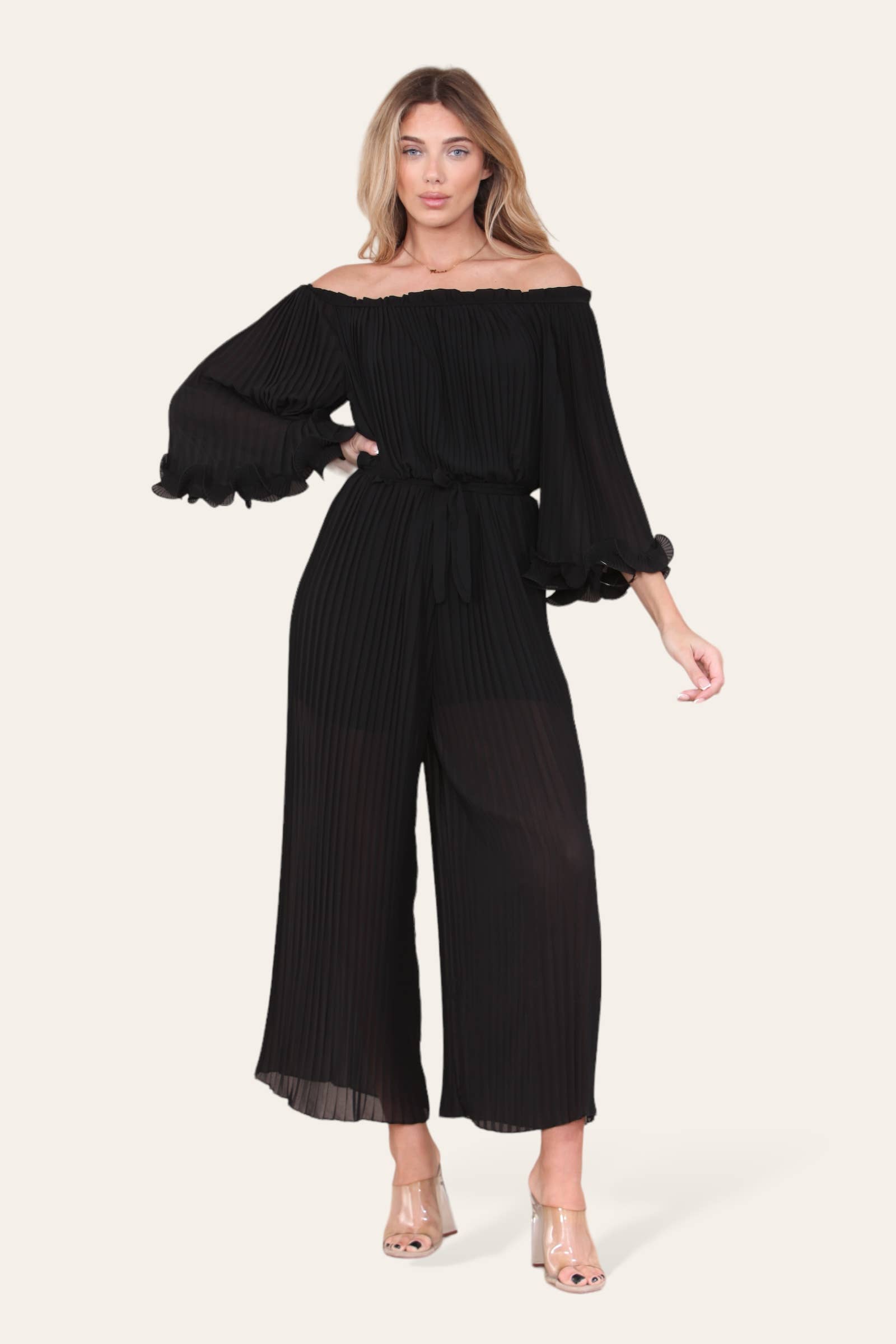 WHITE Sofia Bardot Pleated Frill Jumpsuit for wholesale on Faire7