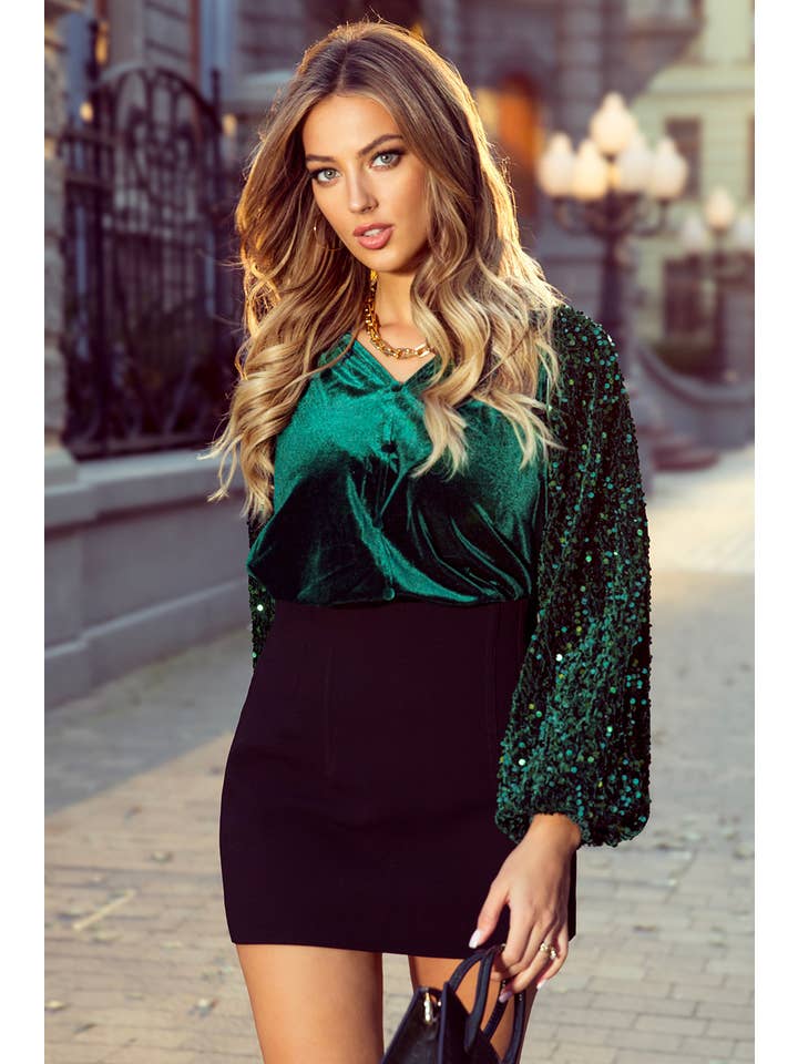 1 the Woman - Wholesale Blouse - Women's - Sequin Patchwork Sleeve Button Up Velvet Blouse