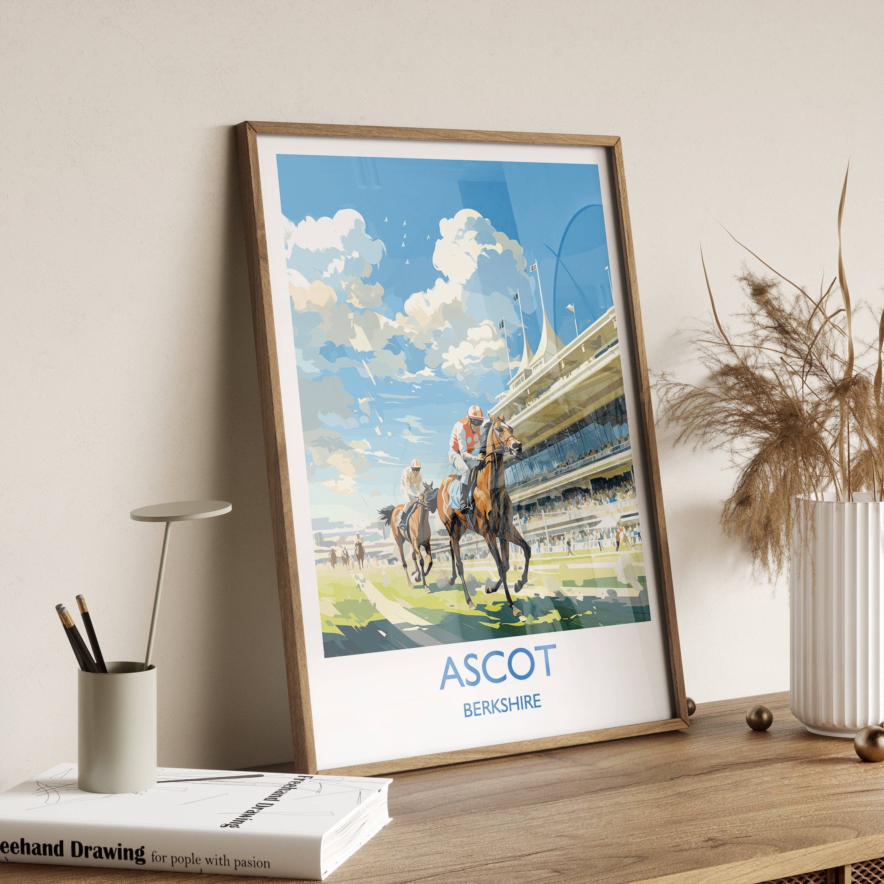 NQ Media Designs - Vente Affiche d'art - Affiche de voyage Ascot, impression de voyage d'Ascot, Berkshire, Angleterre, cadeau pour les amateurs d'art des courses d'Ascot, Windsor3