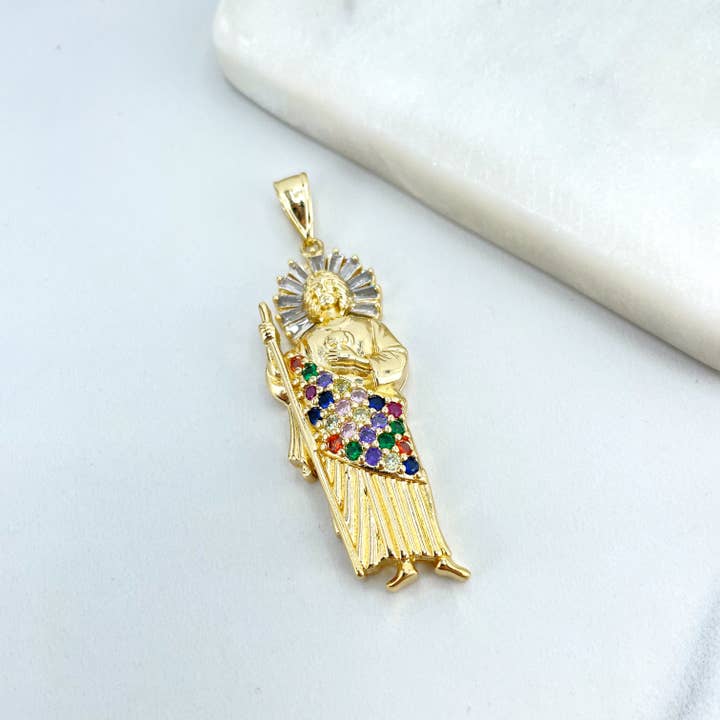 Luxus Accessories – Pendente/pingente individual por atacado – Pingente Religioso Recheado a Ouro 18k Baguete Transtil & Multicolor Micro CZ Saint Jude2