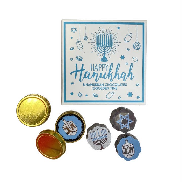 Chouquette - Wholesale Chocolate Box - Hanukkah Chocolate Covered Caramels - Box of 8 - Golden Tins1