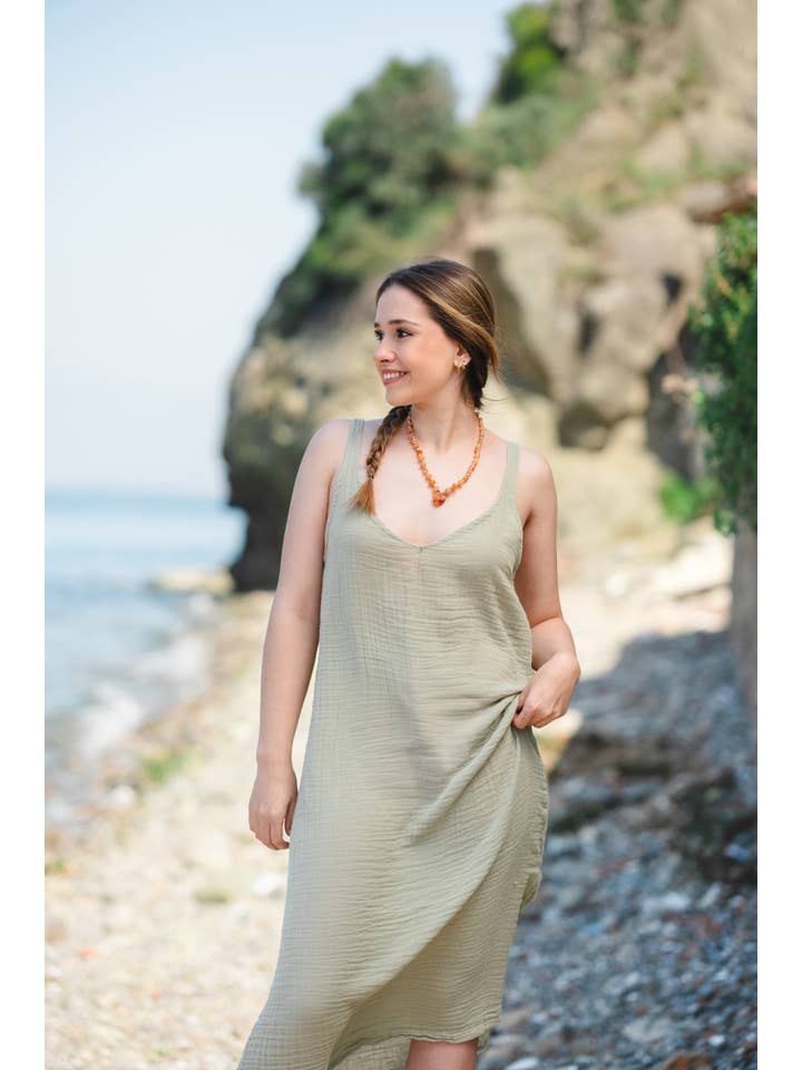 Moa - Venta al por mayor Vestido - Mujer - Vestido camisola sin mangas de muselina beige de doble gasa