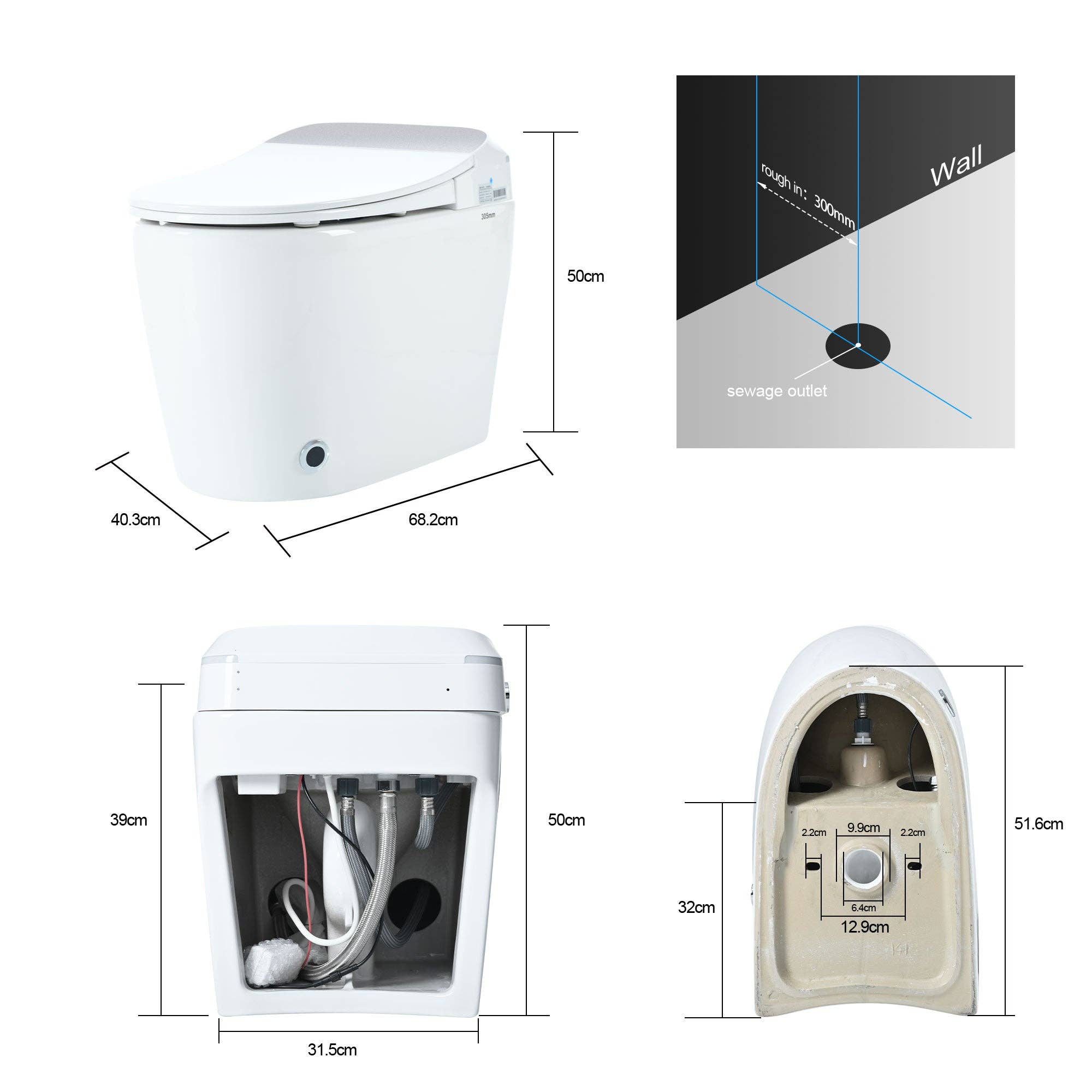 Orange County Decor - Wholesale Toilet Bowl Brush - Heated Seat Smart Toilet, One Piece Toilet, Automatic Flush Tank Less Toilet Without Bidet, With Foot Sensor Flush, White Night Light, Knob Control, Power Outage Flushing, Soft Close Cover,White7