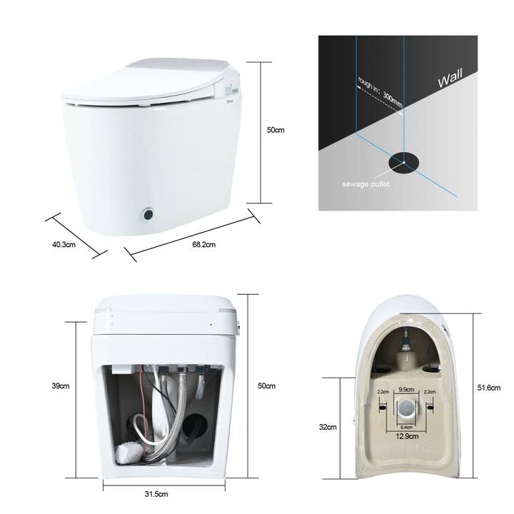 Orange County Decor - Wholesale Toilet Bowl Brush - Heated Seat Smart Toilet, One Piece Toilet, Automatic Flush Tank Less Toilet Without Bidet, With Foot Sensor Flush, White Night Light, Knob Control, Power Outage Flushing, Soft Close Cover,White7