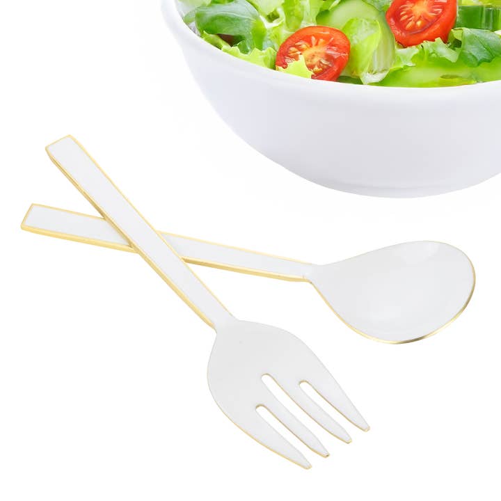 S/2 Weißes Salatbesteck-Set mit Goldrand und Rückseite für den Großhandel von CLASSIC TOUCH DECOR INC.
