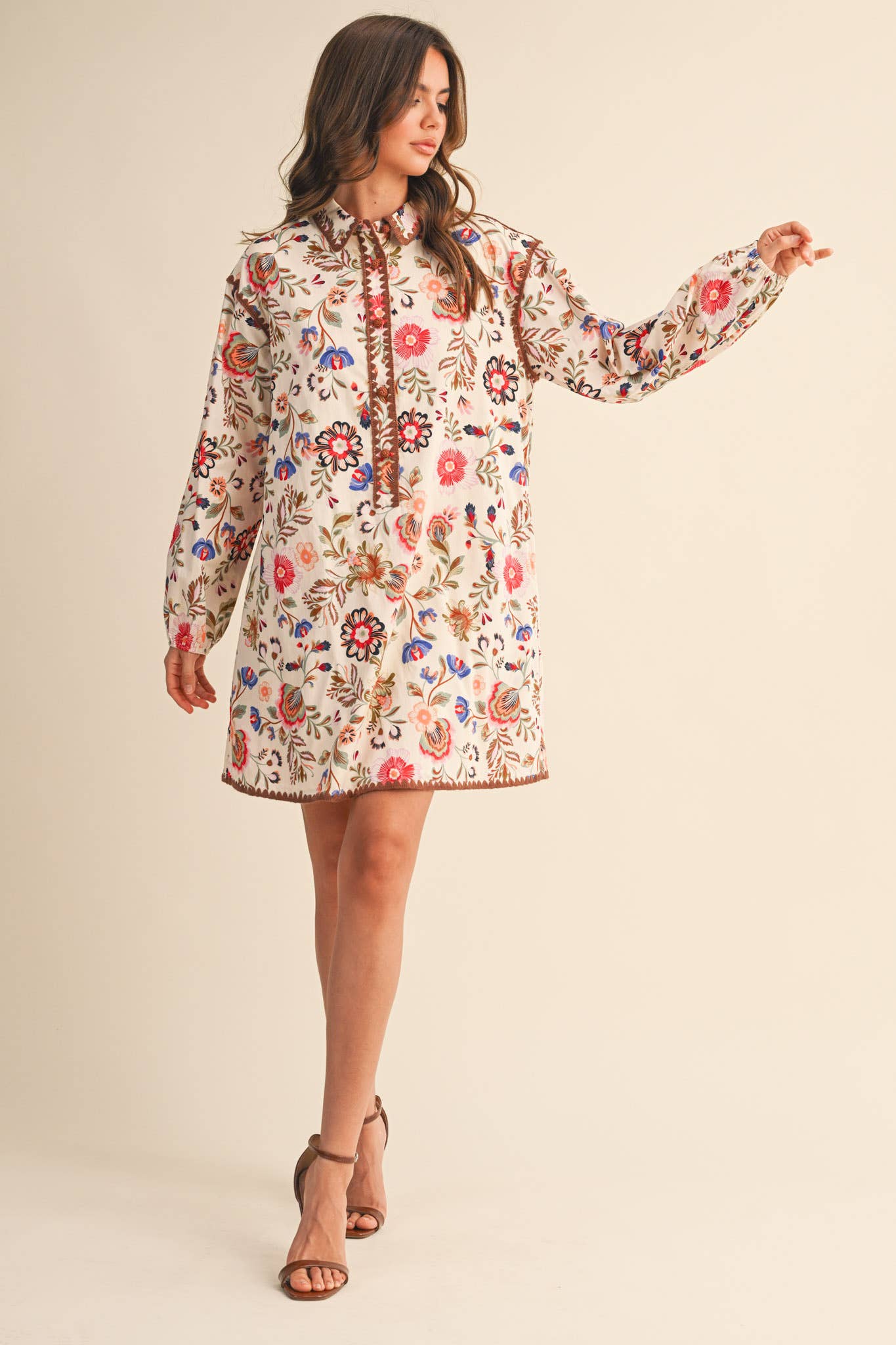 &MERCI - Wholesale Dress - Women's - EXCLUSIVE PRINT BLANKET STITCH BUTTONED MINI DRESS MDR429814
