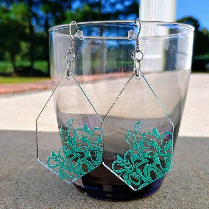 Floral Charm: Clear Acrylic Engraved Flower Earrings for wholesale by 3HCreations