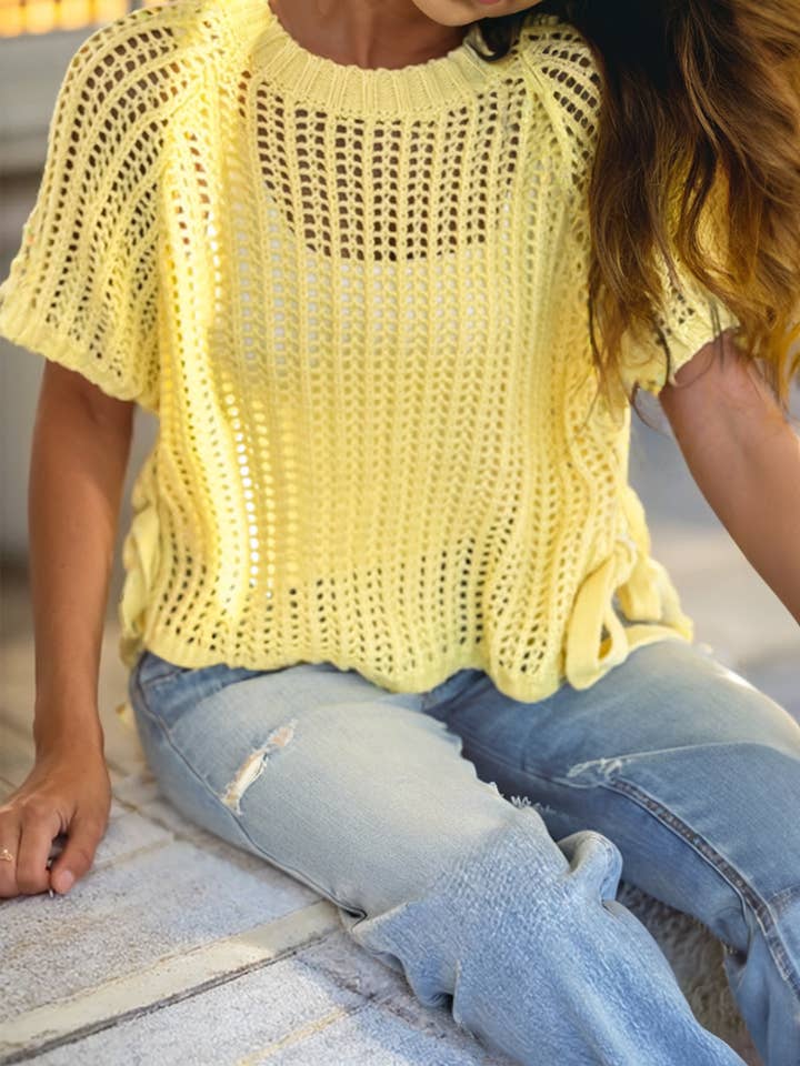 1 the Woman - Wholesale Knit Sweater - Women's - Hollow-out Crochet Side Tied Short Sleeve Sweater