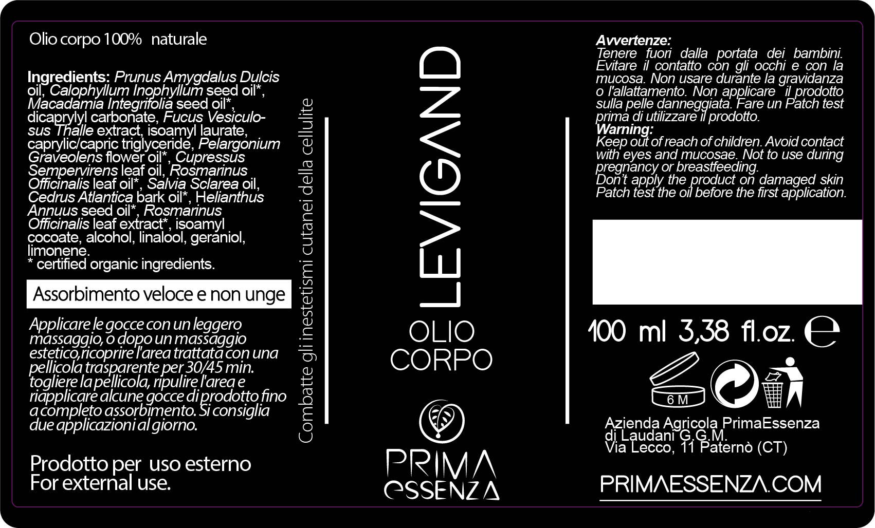 Prima essenza - Wholesale Bath/Body Oil - Levigand body oil 100Ml.2