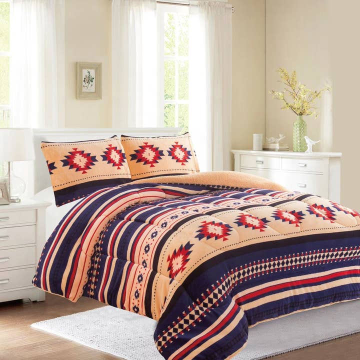 Linen Mart - Wholesale Bedding Set - Southwest Aztec Sherpa Plush Fleece Blanket - 3 Piece Set
