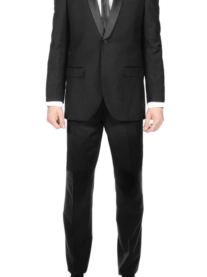 Tuxedo noir ajusté à col châle 2 pièces premium pour la vente par Ferrecci