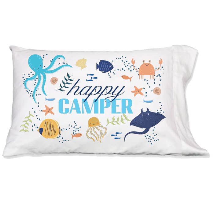 Taie d'oreiller pieuvre sous-marine bleue Happy Camper pour la vente par RosanneBeck Collections