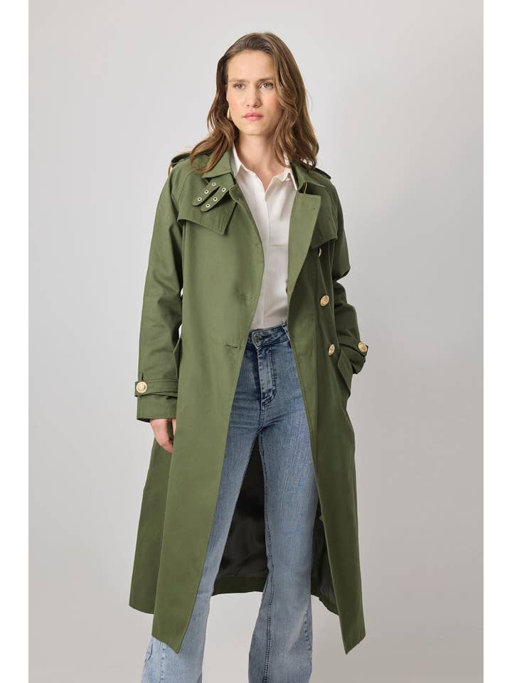 Khaki BELTED COTTON TRENCH COAT WITH GOLD BUTTON DETAIL for wholesale on Faire1