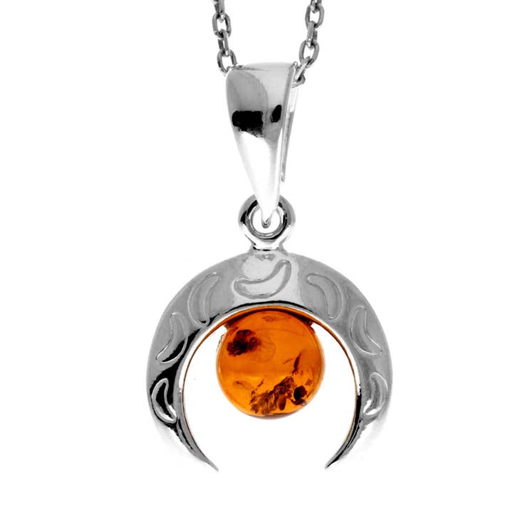 925 Sterling Silver & Genuine Baltic Amber Half Moon Modern Pendant - GL2044 for wholesale by SilverAmber Jewellery