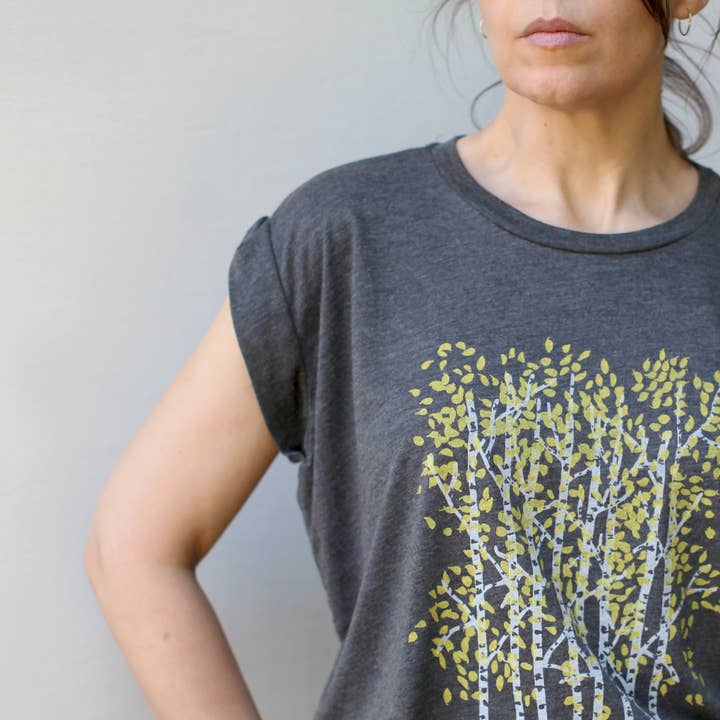 Blackbird Supply Co. - Wholesale Screen Printed T-Shirt - Women's - Aspen Trees Fall Leaves Rolled Cuff Muscle Tee Heather Gray1