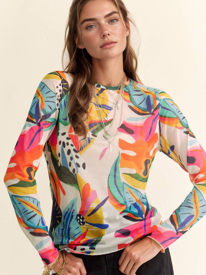 COLORFUL TROPICAL DROWING MESH LONG SLEEVE TOP for wholesale by Davi & Dani