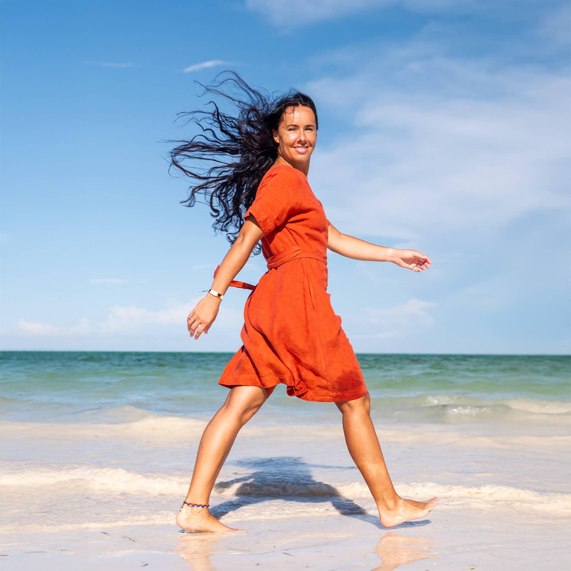 menique - Wholesale Dress – Women's - Natural Linen Wrap Dress Eliana - Midi Summer Beach Dress