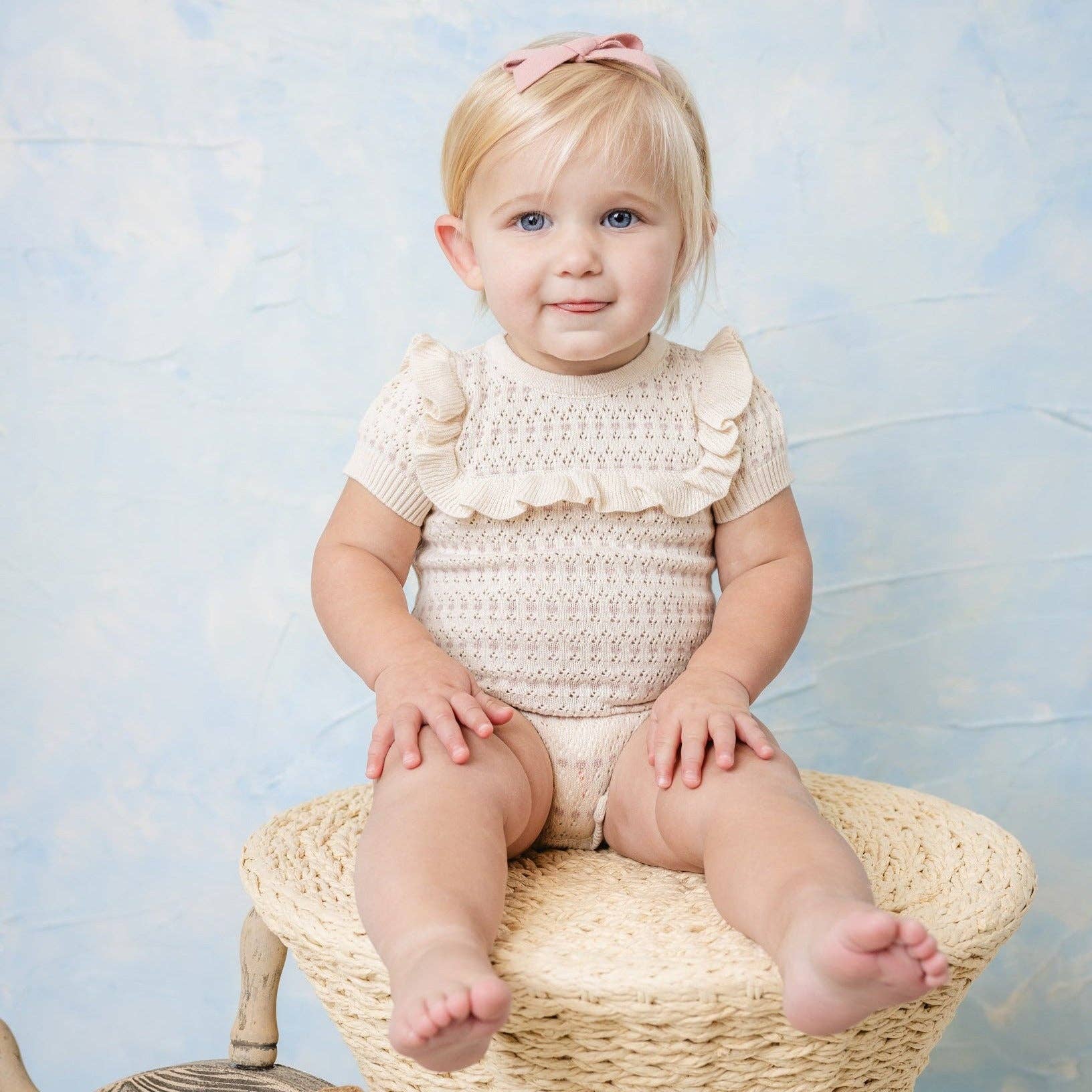 Ecru Baby Girls Pointelle Jacquard Knit Romper for wholesale on Faire1