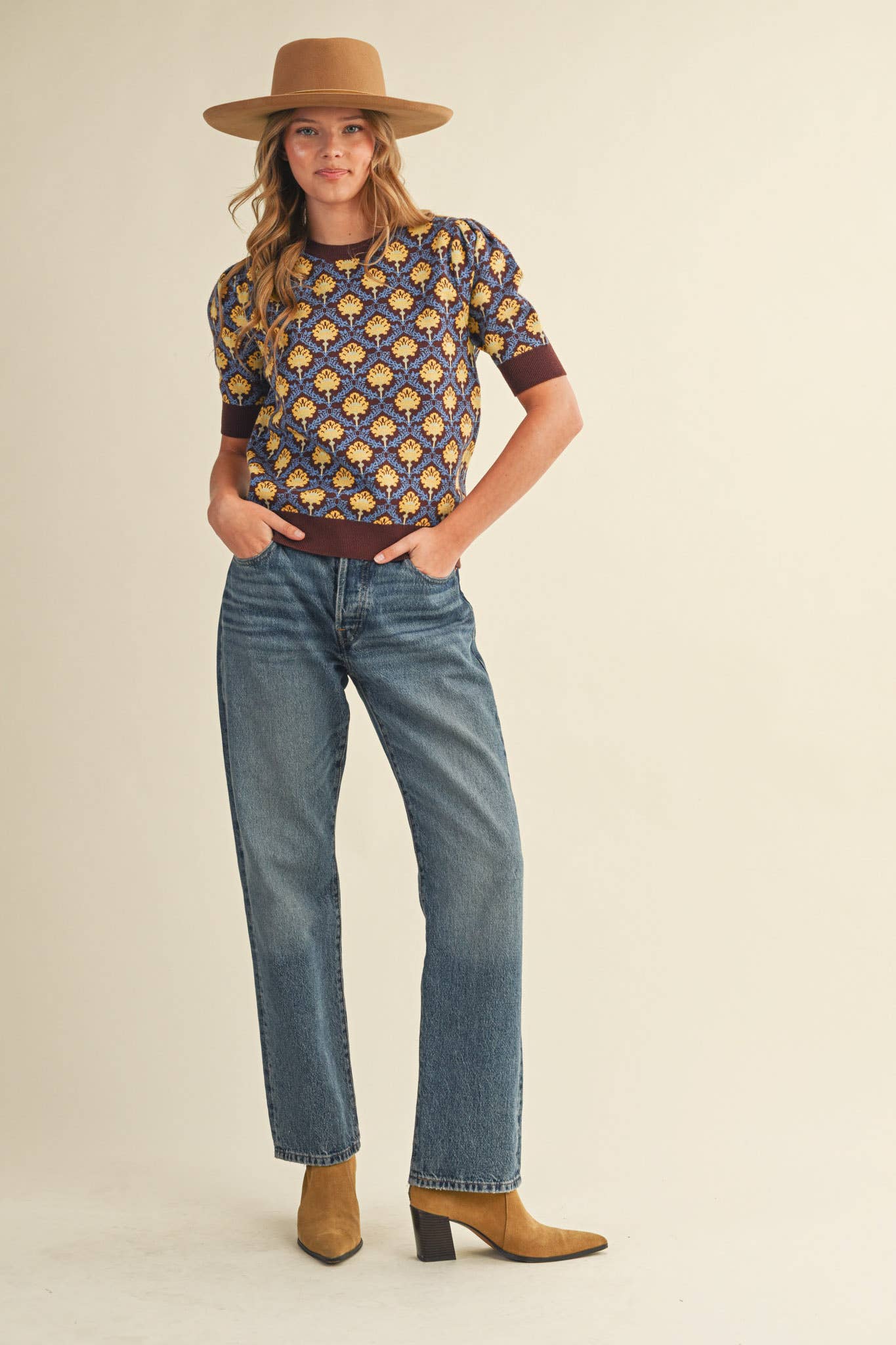 &MERCI - Wholesale Knit Sweater - Women's - FLORAL PATTERN SHORT SLEEVE SWEATER MSW1086014