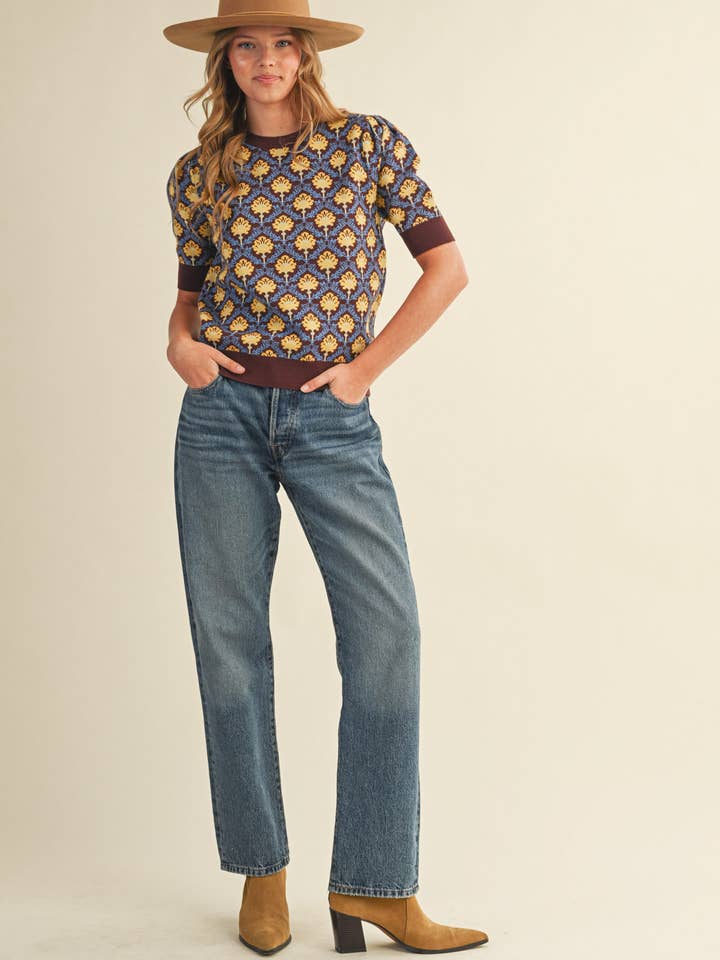 &MERCI - Wholesale Knit Sweater - Women's - FLORAL PATTERN SHORT SLEEVE SWEATER MSW1086014