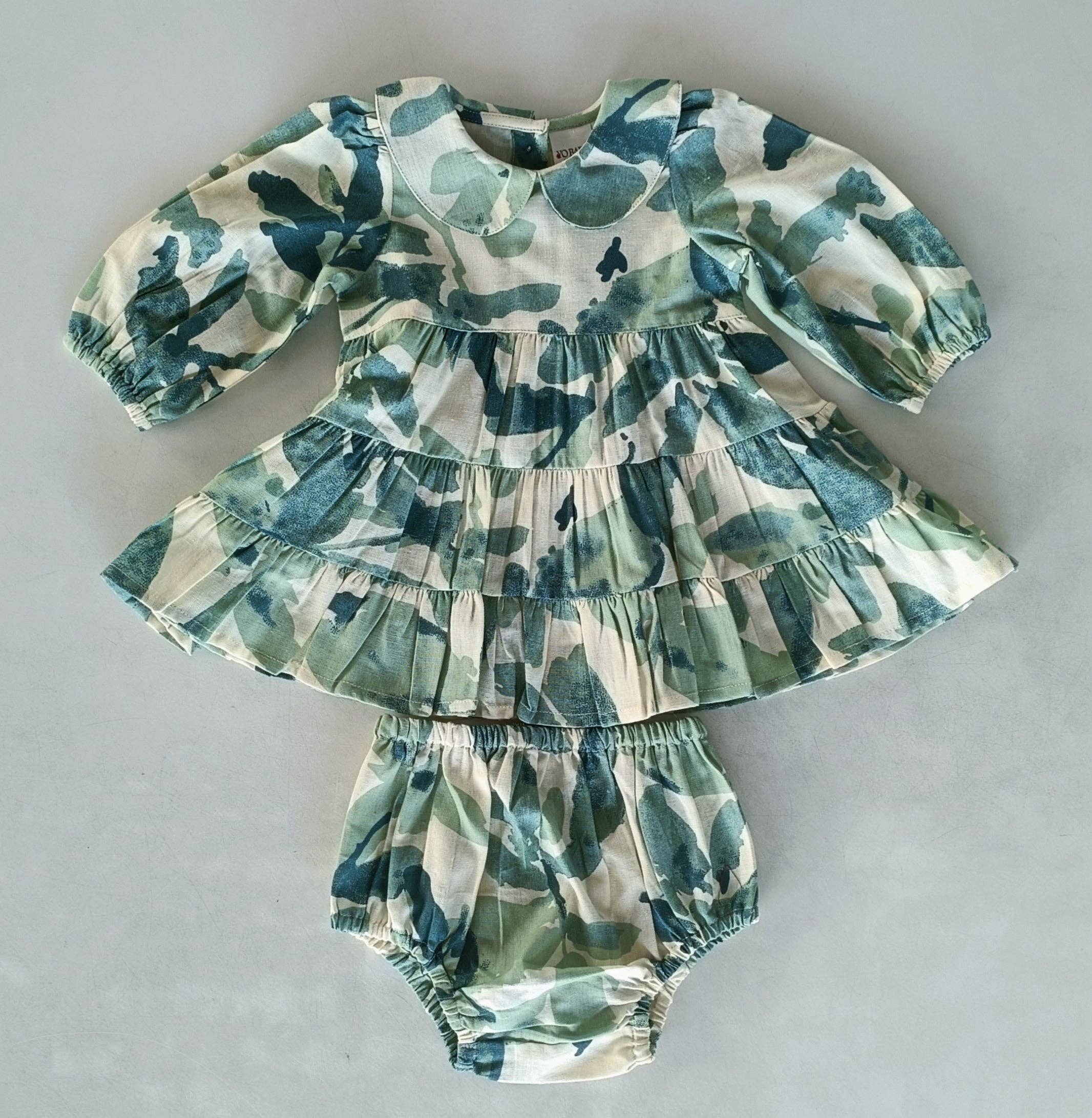 Yo Baby - Wholesale Dress - Kids - Sage-Green Leaf Printed Peter Pan Collar Tiered Long Sleeve Dress7