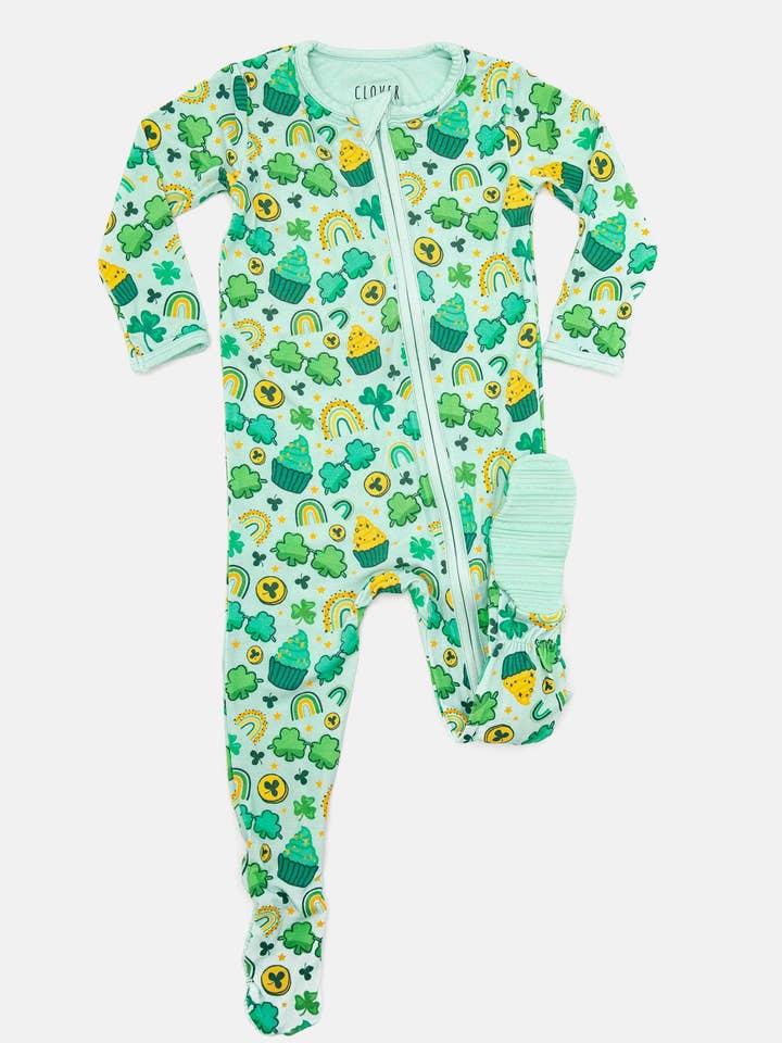 Soft & Stretchy Zipper Footie - St. Patrick's Day for wholesale by Clover Baby & Kids