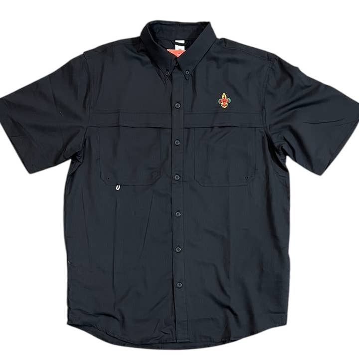 Short Sleeve Fishing Shirt-Primary Crawfish Fleur de Lis for wholesale by WHEREable Art, LLC