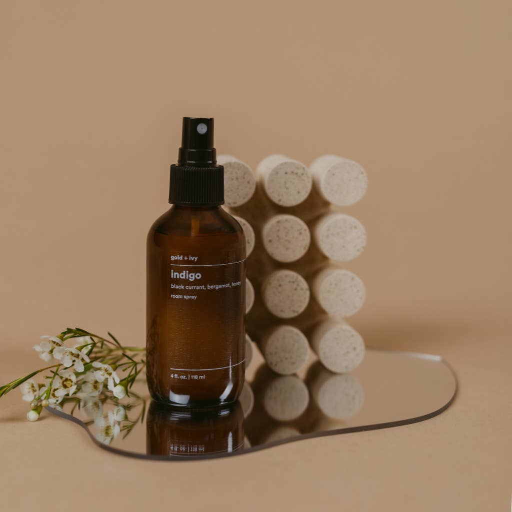 gold + ivy – wholesale Room & linen spray – indigo room + linen spray - black currant, bergamot, honey