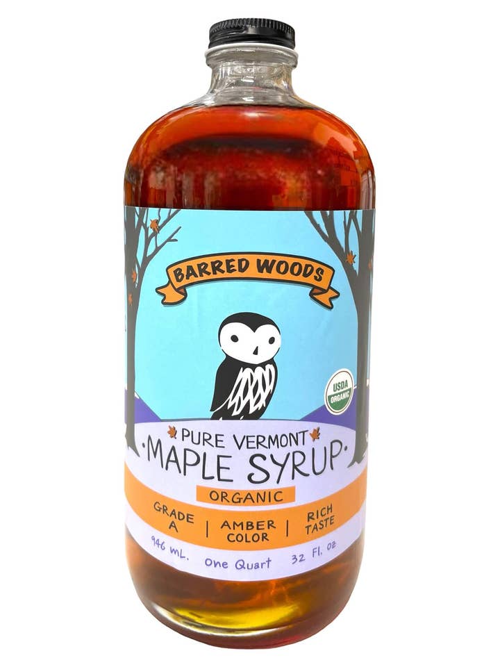 Glass Bottle of Pure Vermont Organic Maple Syrup - One Quart for wholesale by Barred Woods Maple