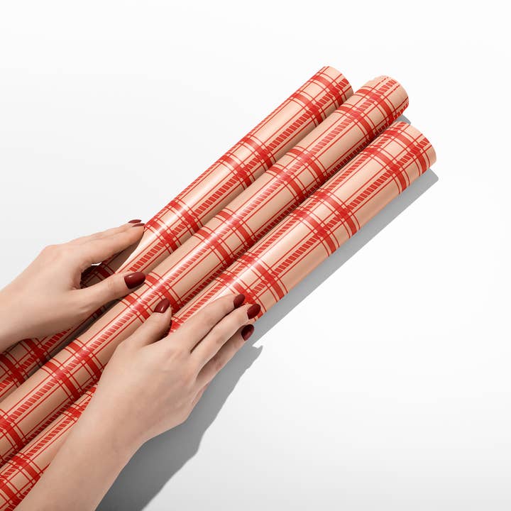 KelseyMDesigns - Wholesale Wrapping Paper Roll - Pink and Red Holiday Plaid Wrapping Paper - 3 Sheet Roll